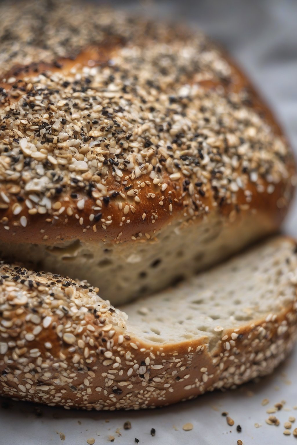A close-up photo of everything bagel sourdough loaf with seeded, shiny crust and open crumb, under soft lighting.