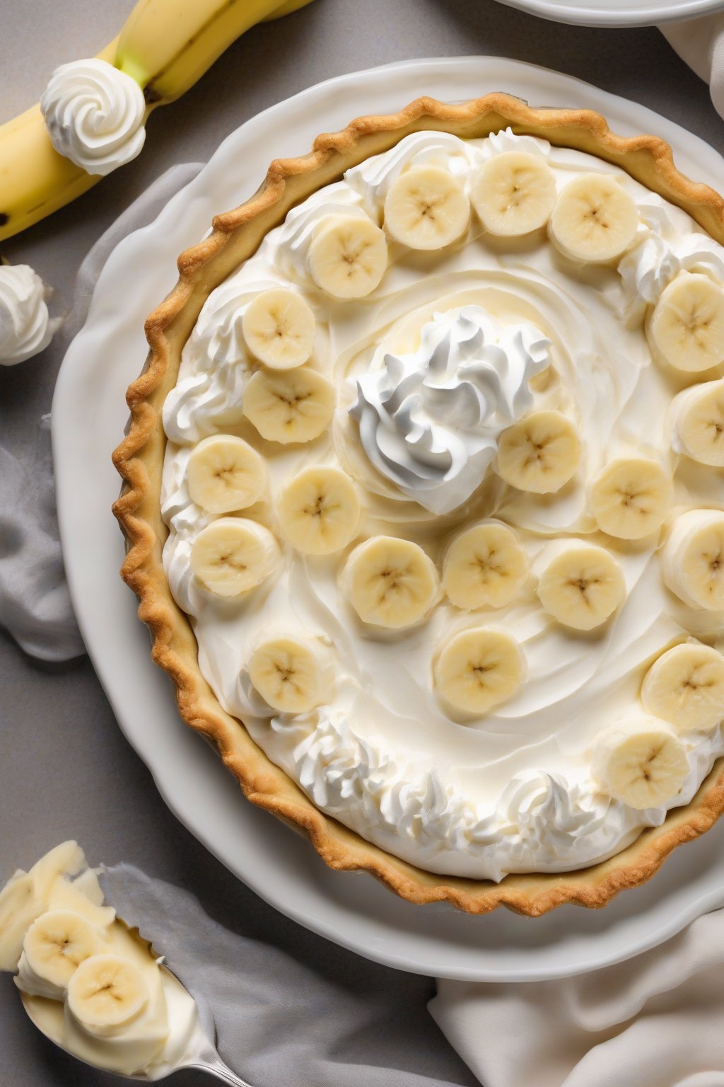 A high-resolution photo of a slice of classic banana cream pie with perfect whipped cream swirls and banana slices, under soft lighting.