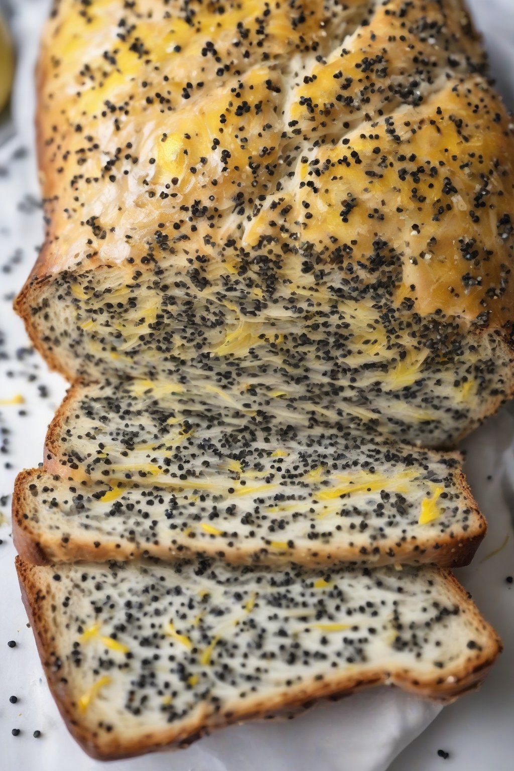A close-up photo of lemon poppyseed sourdough with yellow zest flecks and black poppyseeds, sliced to show moist crumb, under soft lighting.