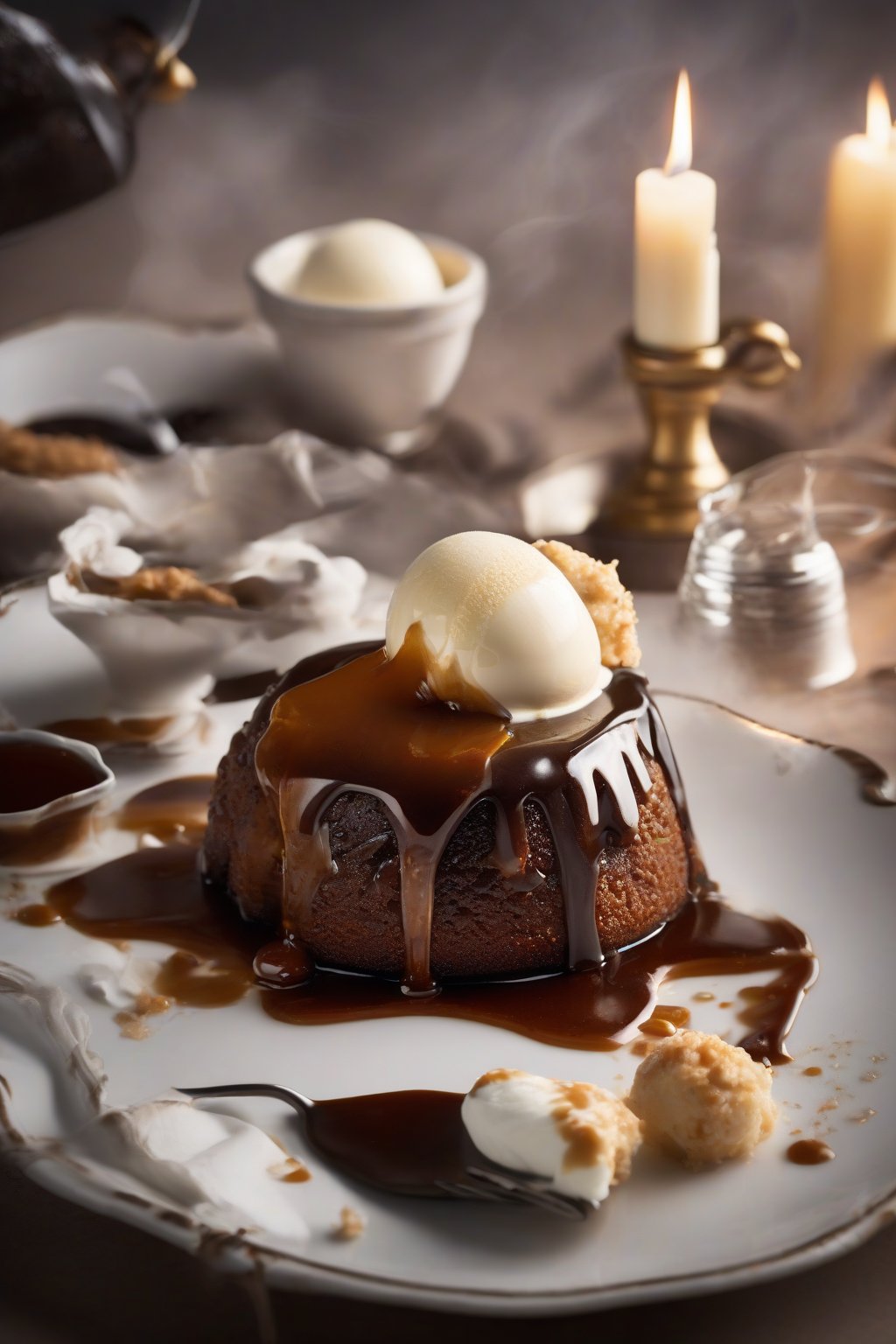A high-resolution photo of a slice of classic sticky toffee pudding topped with toffee sauce and ice cream, steam rising, under soft lighting.