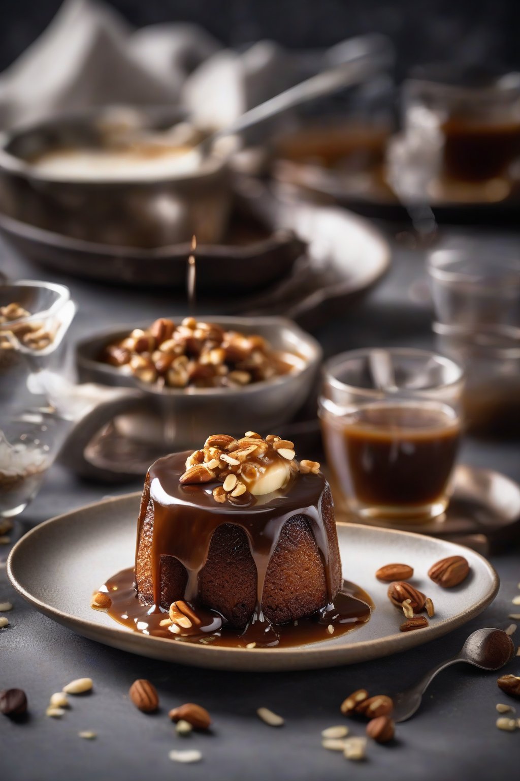 A high-resolution photo of vegan sticky toffee pudding oozing with coconut toffee sauce, garnished with nuts, under soft lighting.