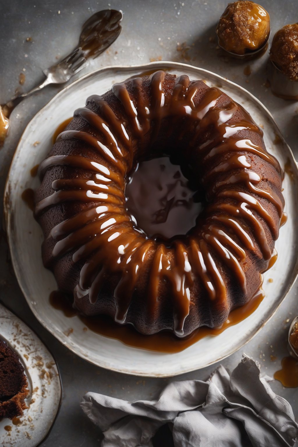 A high-resolution photo of gluten-free sticky toffee pudding in a bundt shape, drizzled with sauce, under soft lighting.