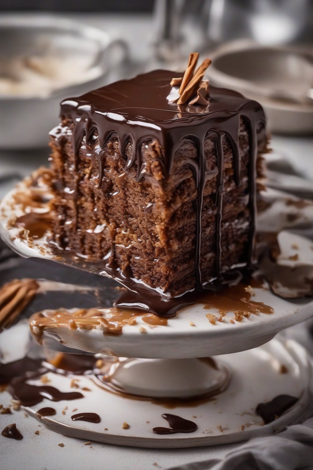 A high-resolution photo of layered chocolate sticky toffee cake with thick sauce, chocolate shavings on top, under soft lighting.
