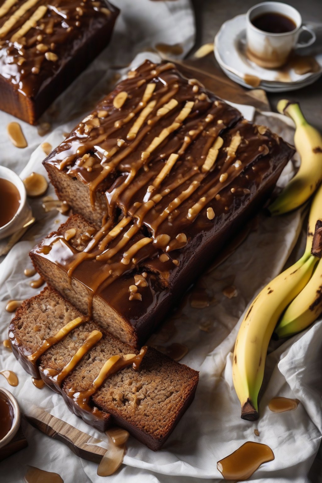 A high-resolution photo of sliced banana sticky toffee loaf with toffee drizzle, banana slices atop, under soft lighting.