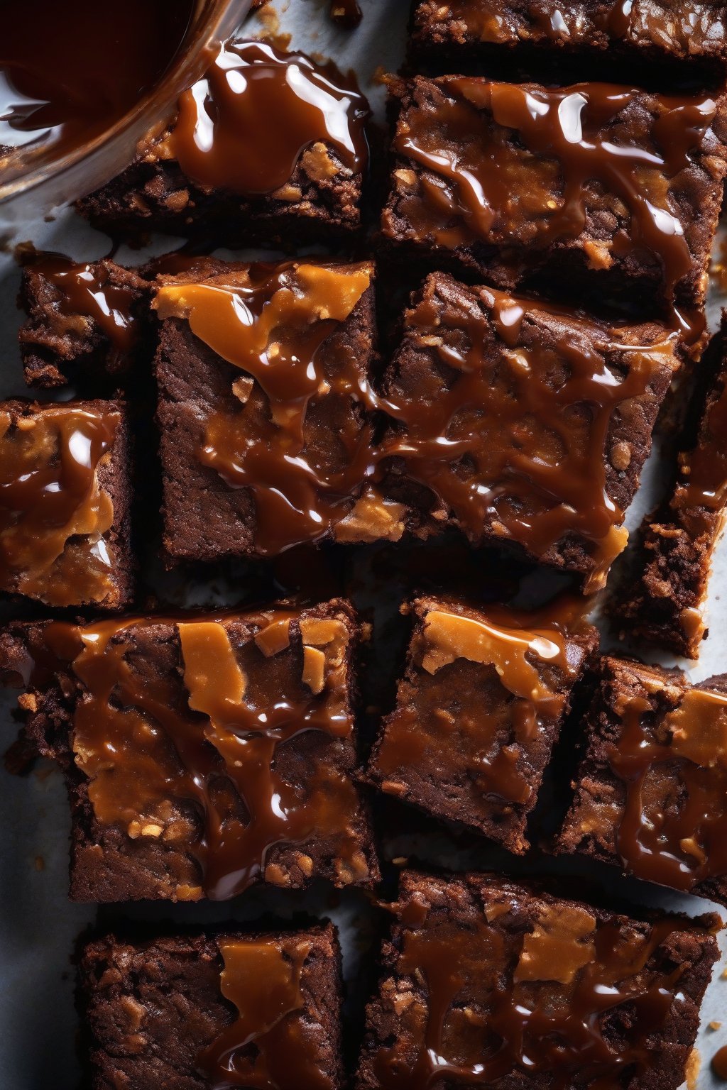 A high-resolution photo of gooey sticky toffee brownies cut into squares, sauce pooling, under soft lighting.