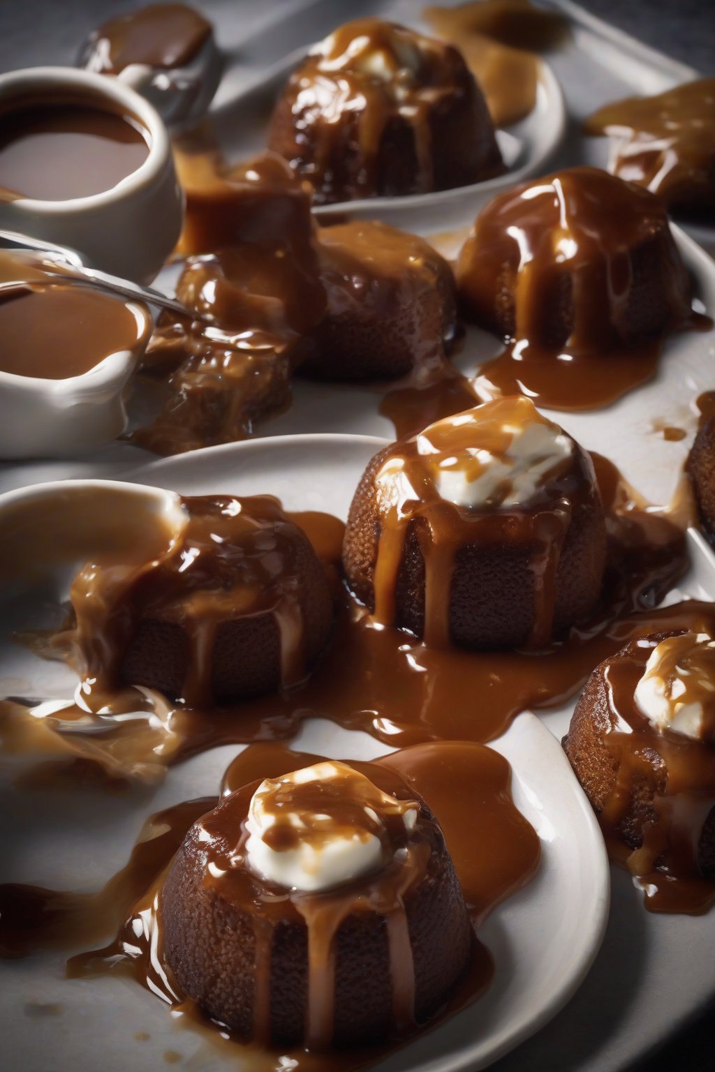 A high-resolution photo of mini sticky toffee puddings on a platter, each topped with sauce, under soft lighting.