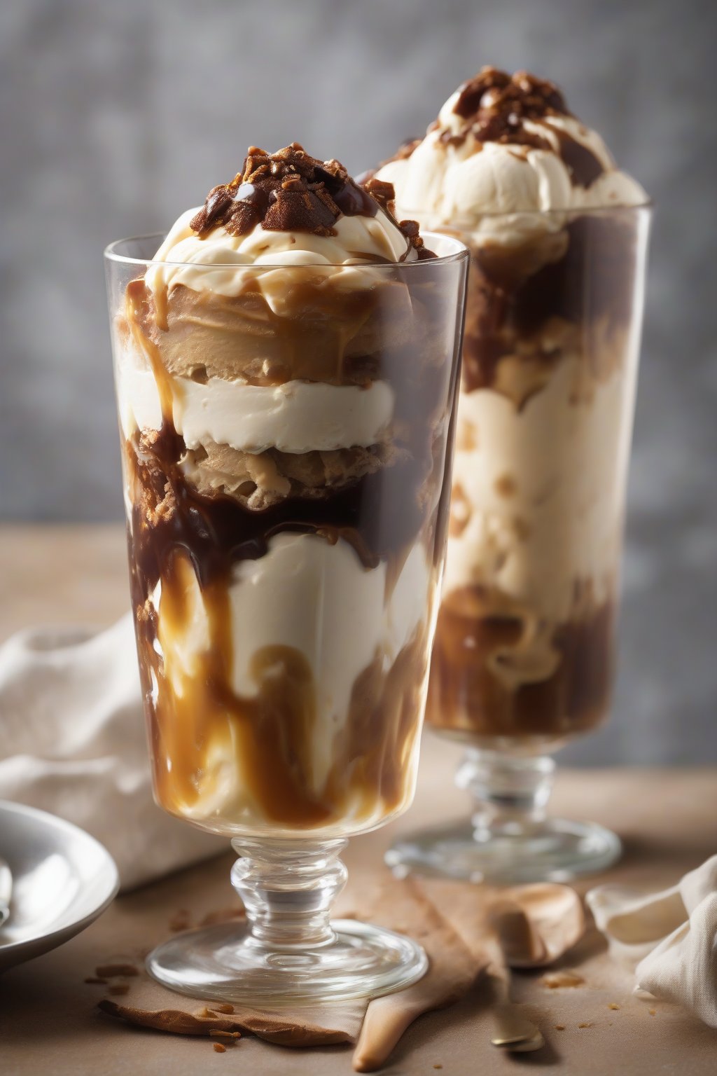 A high-resolution photo of a sticky toffee ice cream sundae in a tall glass, layers visible, under soft lighting.
