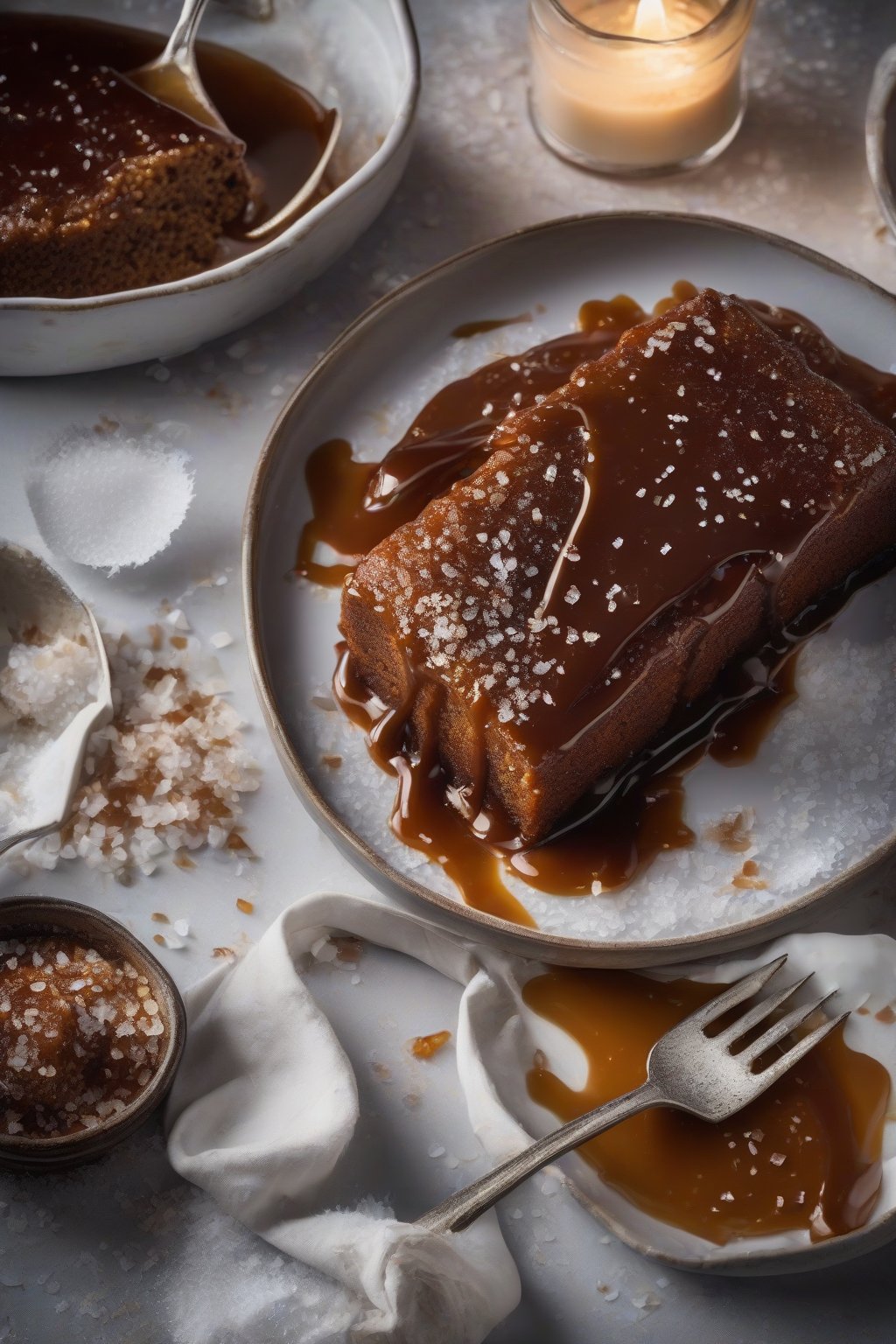 A high-resolution photo of salted caramel sticky toffee pudding with sea salt flakes, sauce glistening, under soft lighting.