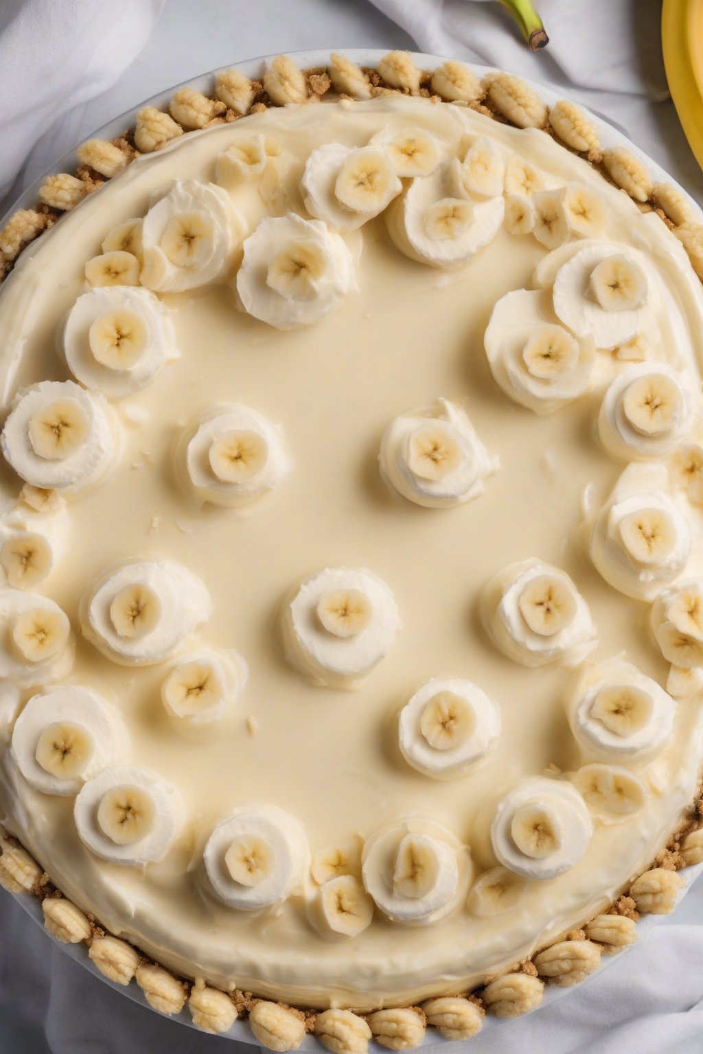 A high-resolution photo of a no-bake banana cream pie with glossy topping and visible banana layers, under soft lighting.