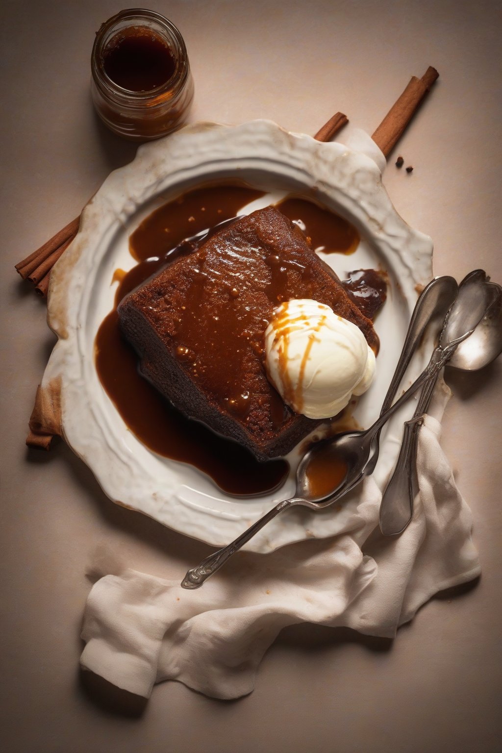A high-resolution photo of spiced sticky toffee pudding dusted with cinnamon, warm sauce, under soft lighting.