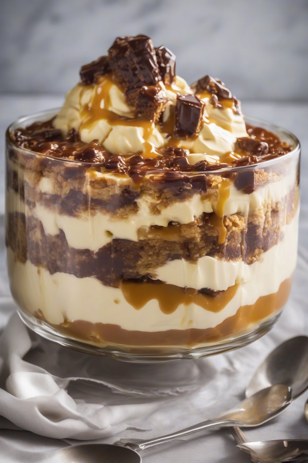 A high-resolution photo of sticky toffee trifle in a glass bowl, layers of cake, custard, and sauce, under soft lighting.