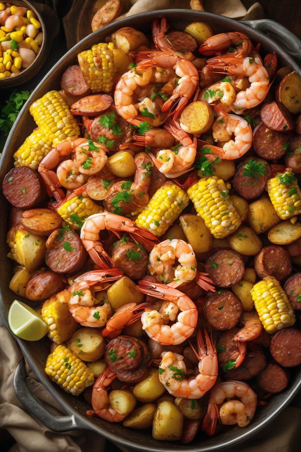 A high-resolution photo of a steaming Classic Cajun Shrimp Boil piled high with shrimp, sausage, corn, and potatoes under soft lighting.