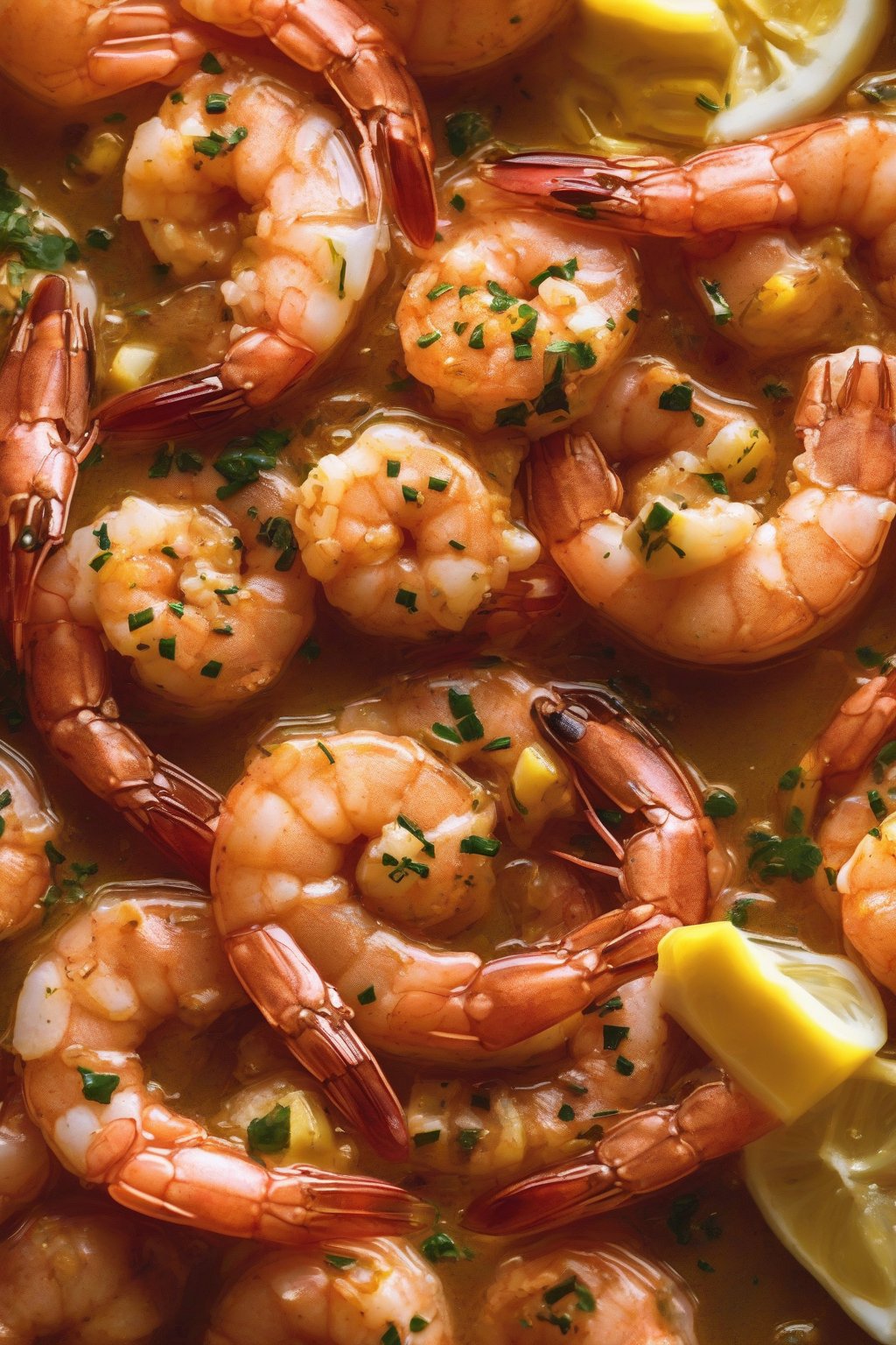 A high-resolution photo of Garlic Butter Spicy Shrimp Boil with glossy shrimp and golden butter drips under soft lighting.