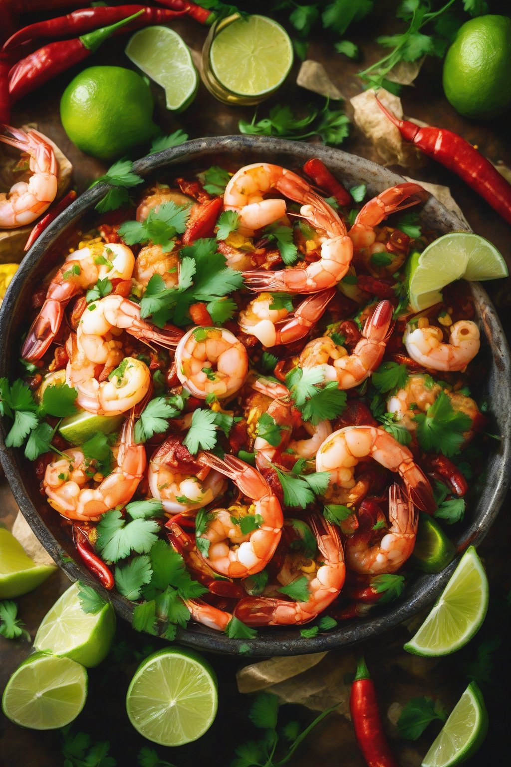A high-resolution photo of colorful Mexican Chili Lime Shrimp Boil with lime wedges and cilantro under soft lighting.