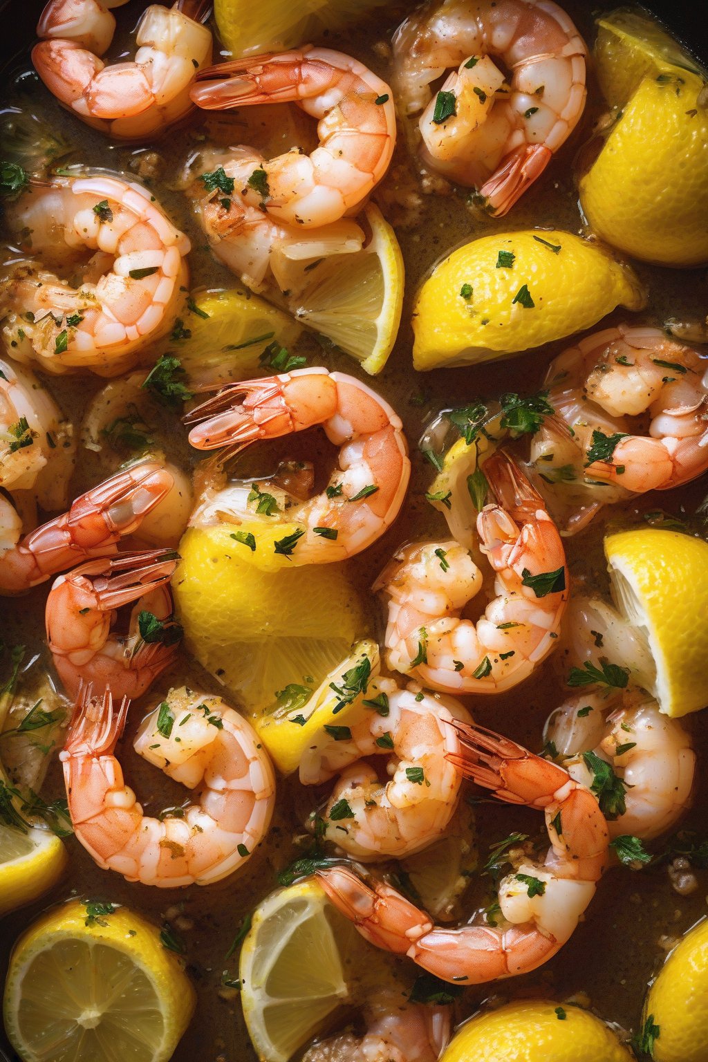 A high-resolution photo of Lemon Pepper Shrimp Boil glistening with zest and pepper flecks under soft lighting.