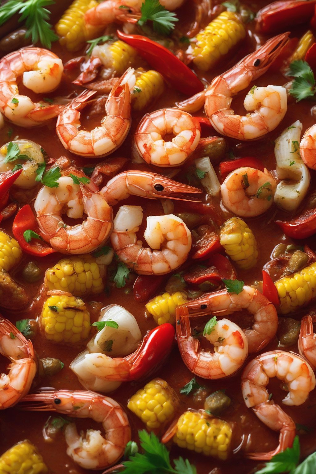 A high-resolution photo of Andouille-Loaded Habanero Shrimp Boil with fiery red peppers under soft lighting.