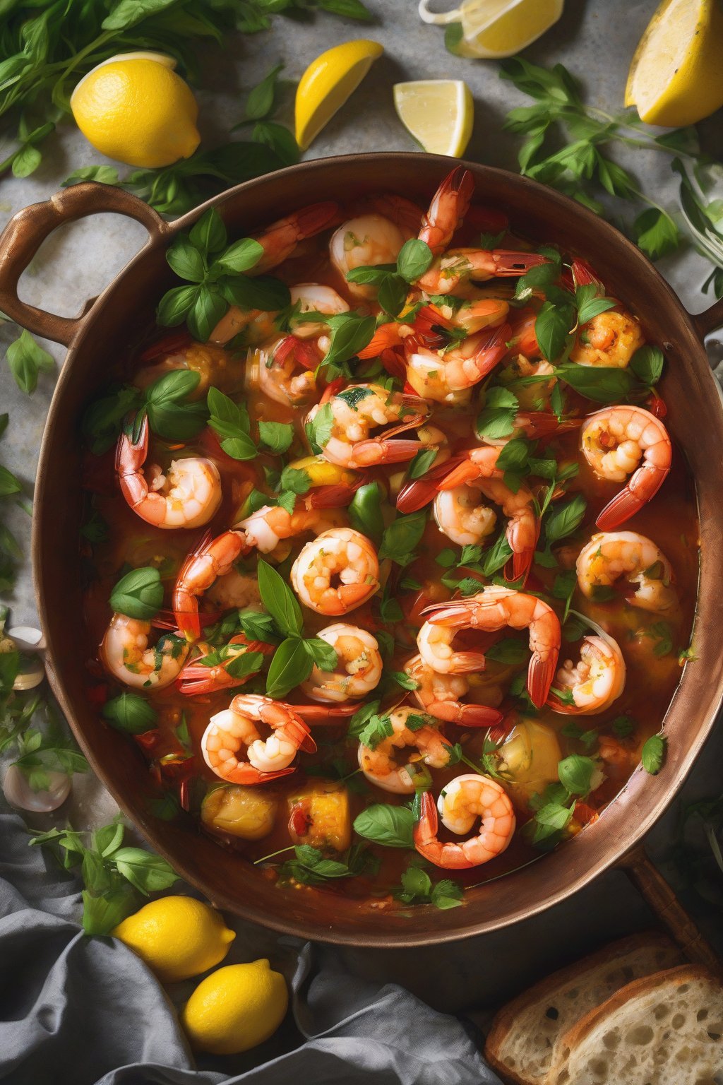 A high-resolution photo of Thai Basil Chili Shrimp Boil with fresh green herbs under soft lighting.