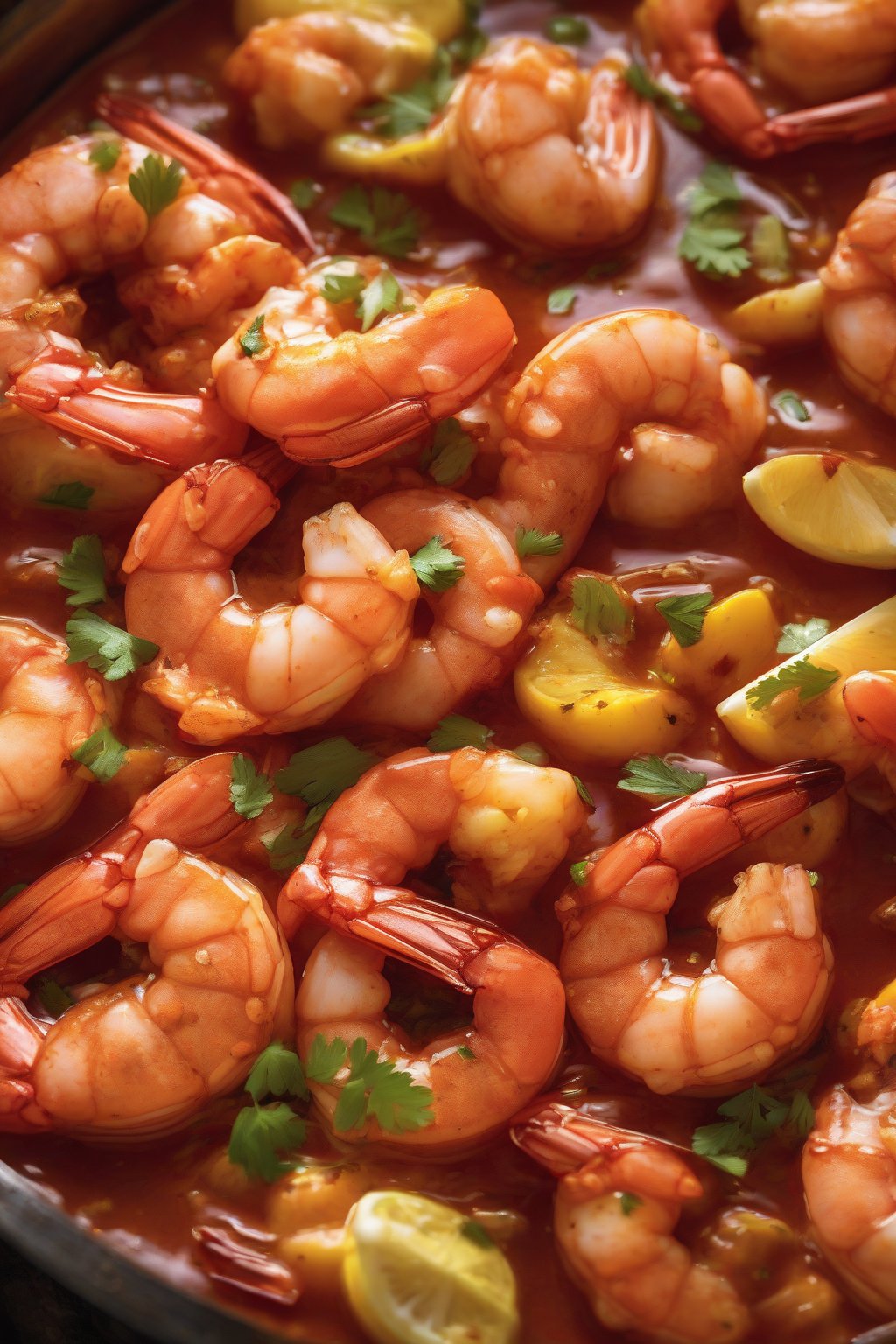 A high-resolution photo of Buffalo Wing Shrimp Boil sauced and spicy under soft lighting.