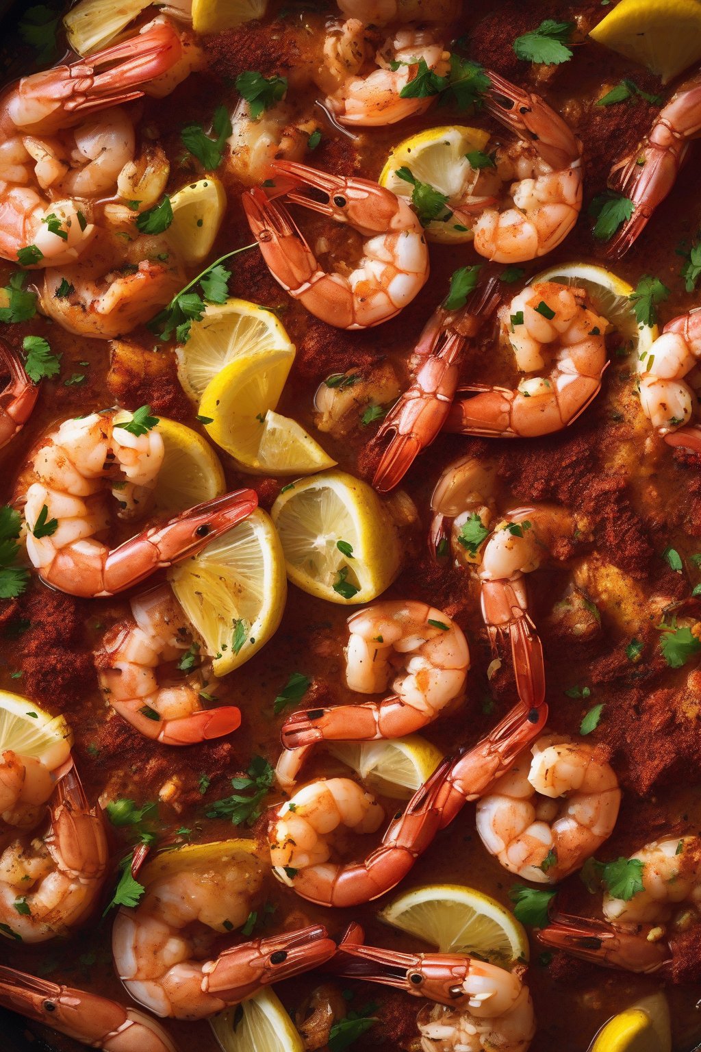 A high-resolution photo of Smoky Paprika Shrimp Boil with red-hued spices under soft lighting.