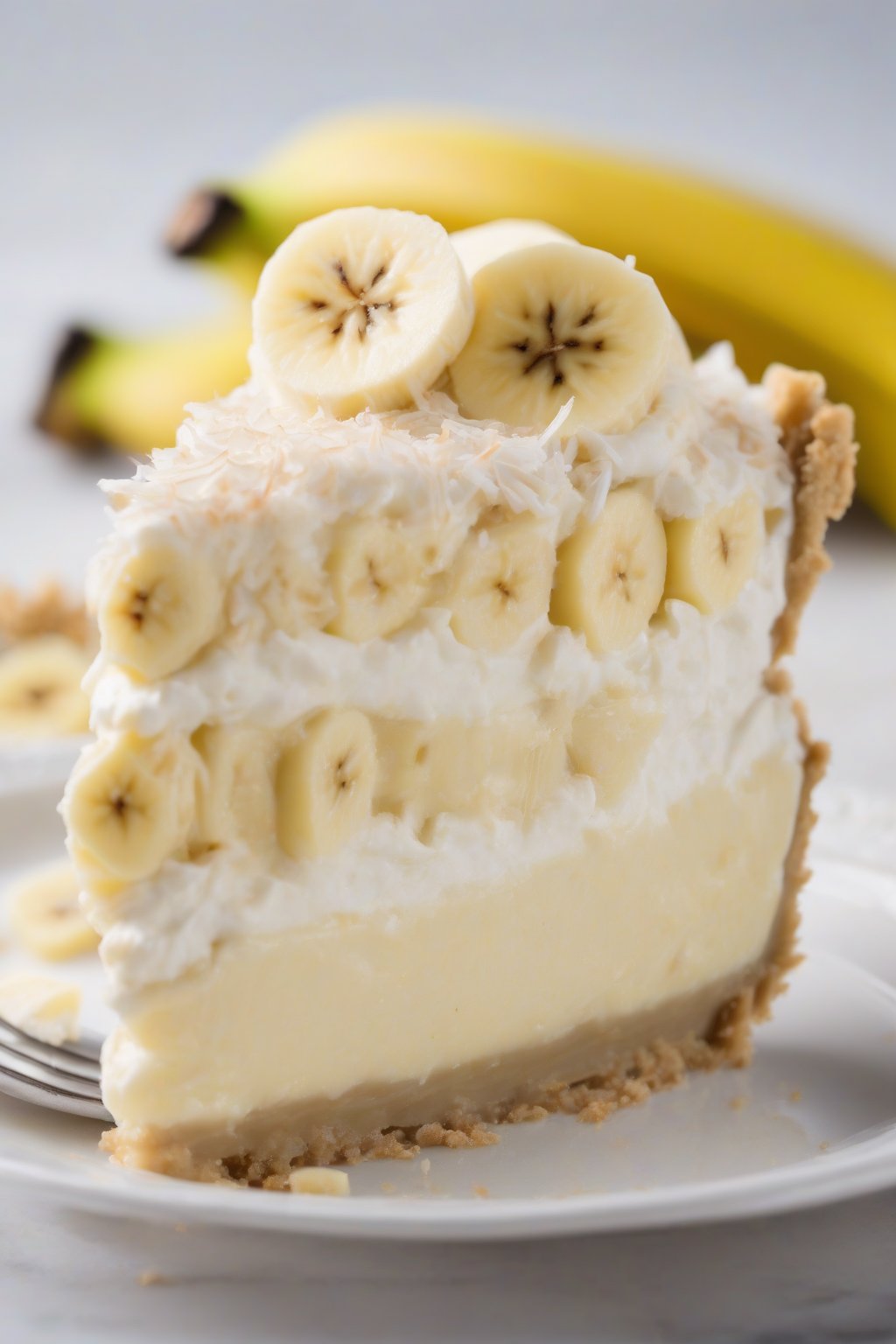 A high-resolution photo of a vegan banana cream pie slice revealing creamy coconut layers and bananas, under soft lighting.