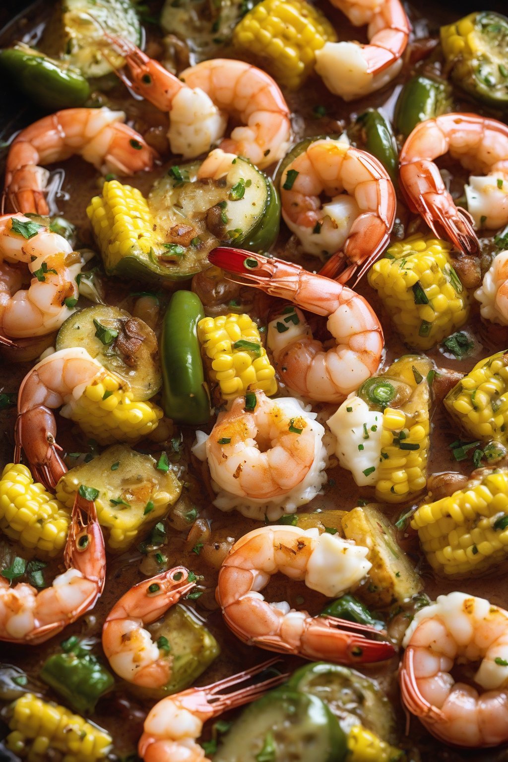 A high-resolution photo of Jalapeño Popper Shrimp Boil with melty cheese under soft lighting.