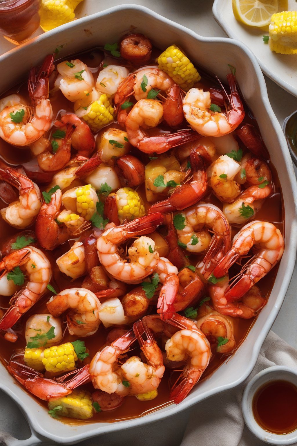 A high-resolution photo of glossy Sriracha Honey Shrimp Boil under soft lighting.