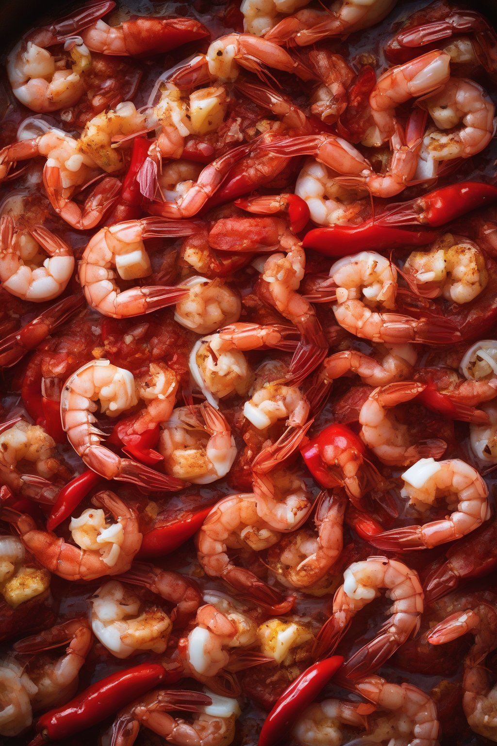 A high-resolution photo of fiery Carolina Reaper Shrimp Boil with intense red peppers under soft lighting.