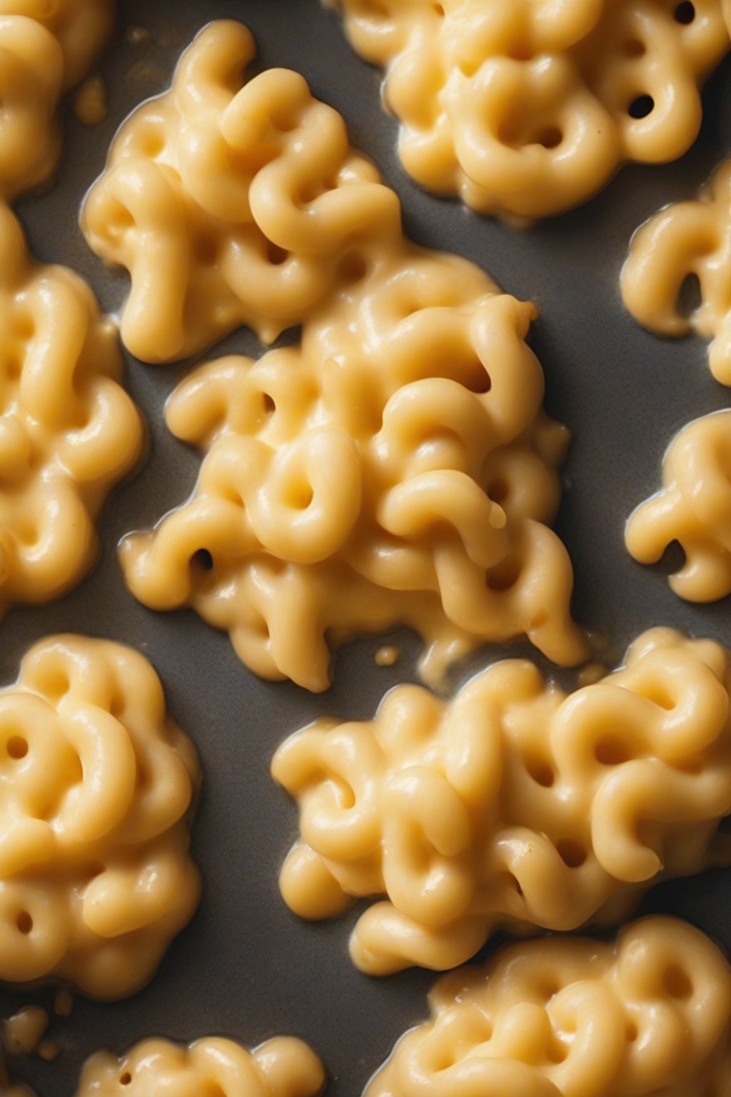 A close-up photo of golden, creamy classic mac and cheese with stretchy cheese pulls under soft lighting.