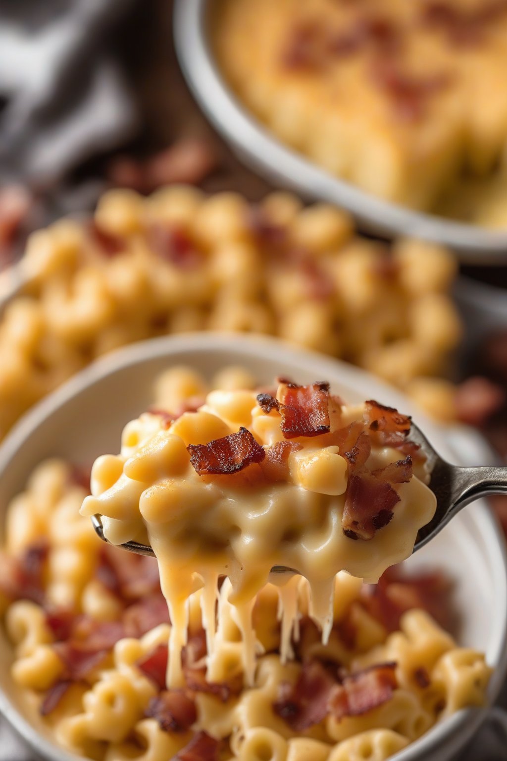 A close-up photo of bacon-studded cheesy mac and cheese with crispy bits on top under soft lighting.