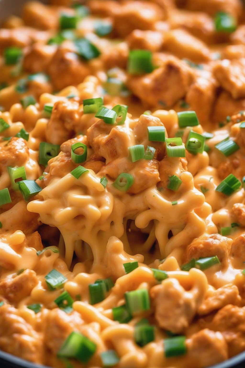A close-up photo of vibrant orange buffalo chicken mac and cheese topped with green onions under soft lighting.