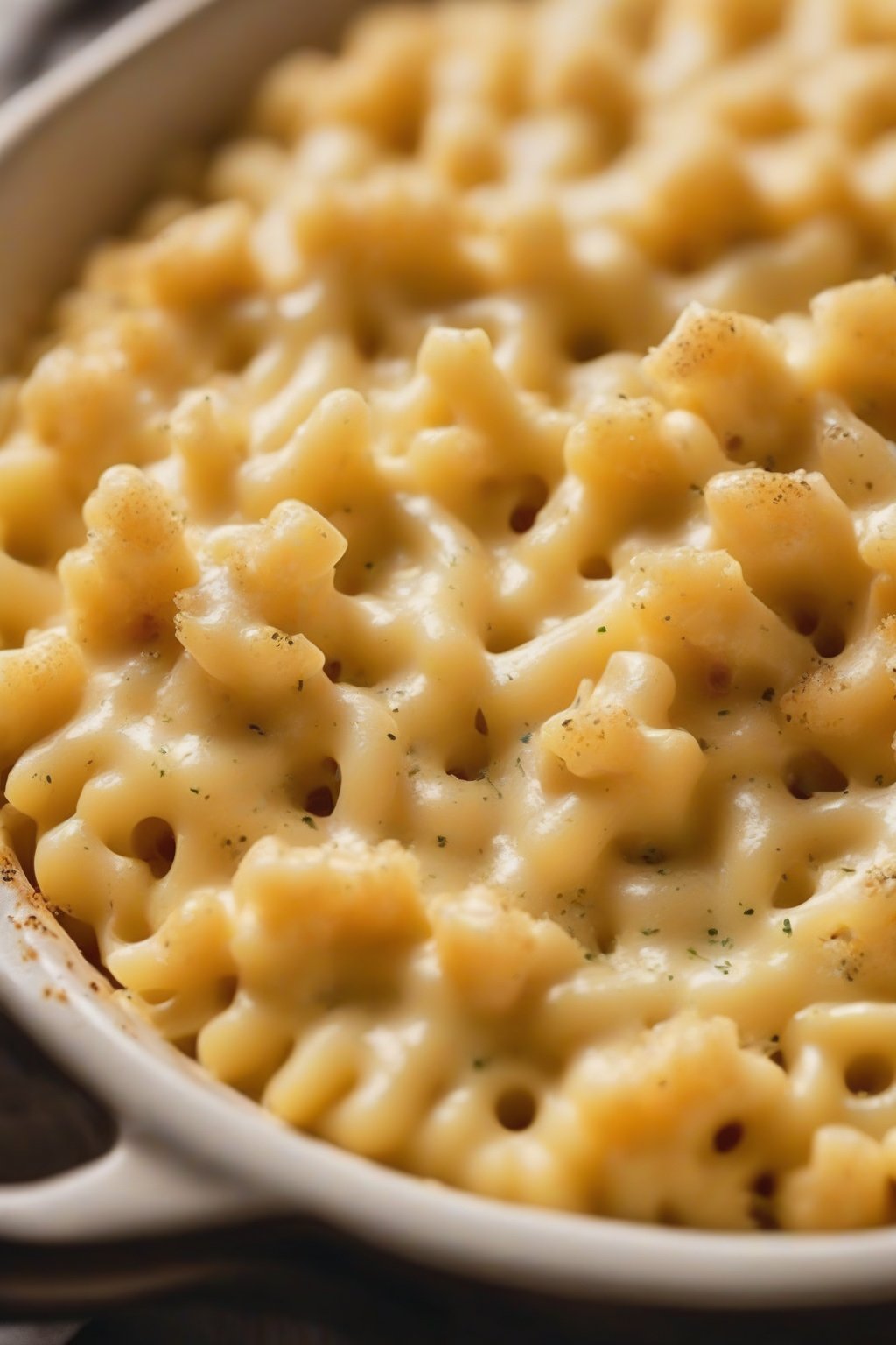 A close-up photo of garlic-flecked parmesan mac and cheese with golden cheese crust under soft lighting.