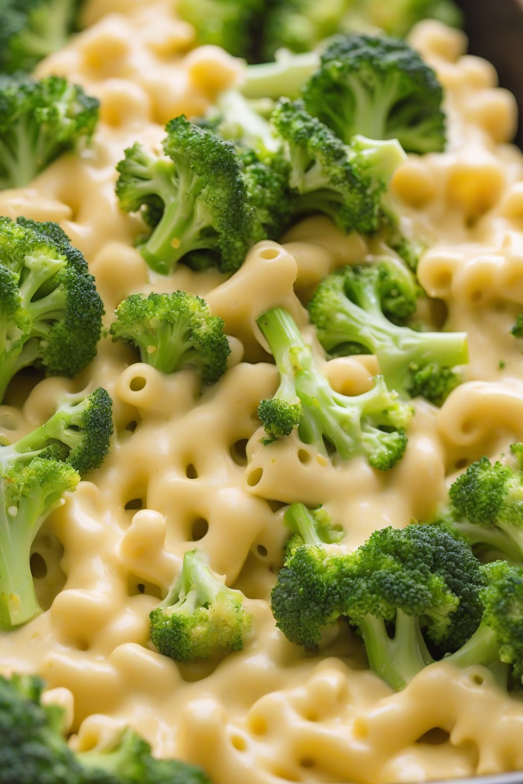A close-up photo of bright green broccoli in creamy cheddar mac and cheese under soft lighting.