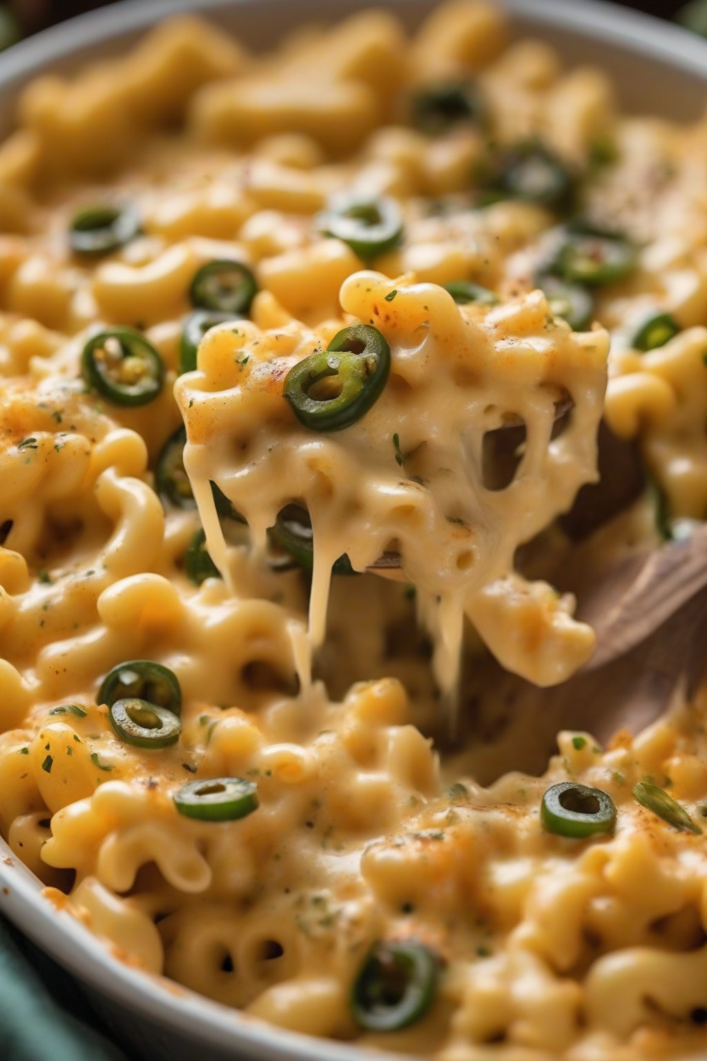 A close-up photo of jalapeño-speckled spicy mac and cheese with melty cheese under soft lighting.