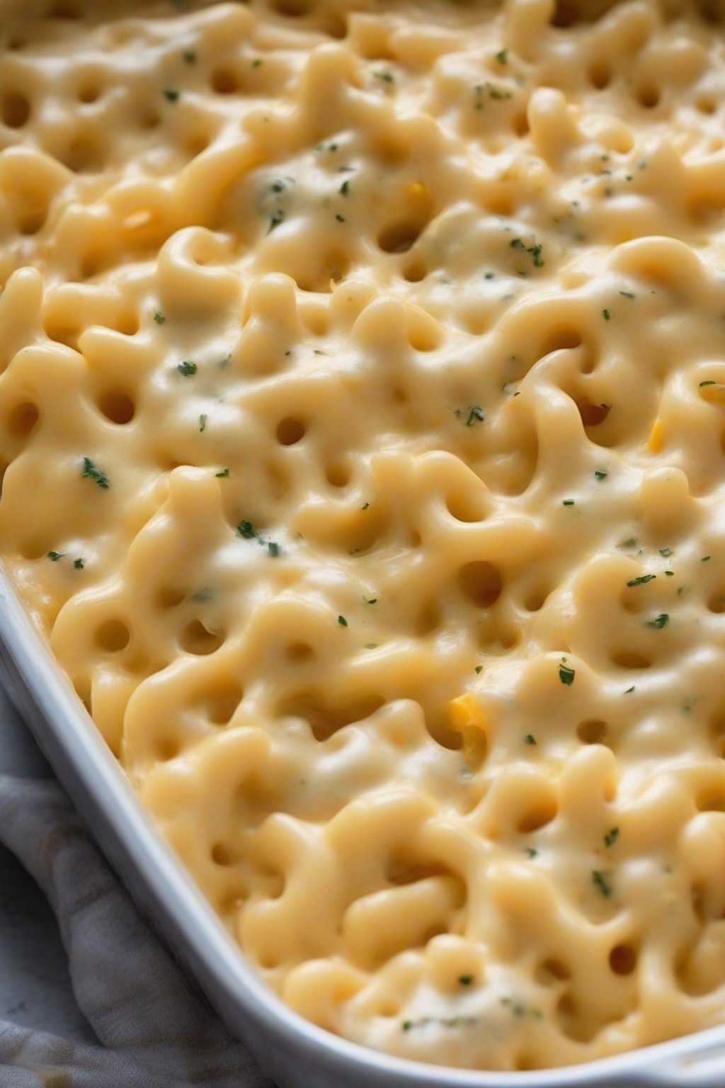 A close-up photo of multi-cheese stovetop mac with gooey layers under soft lighting.