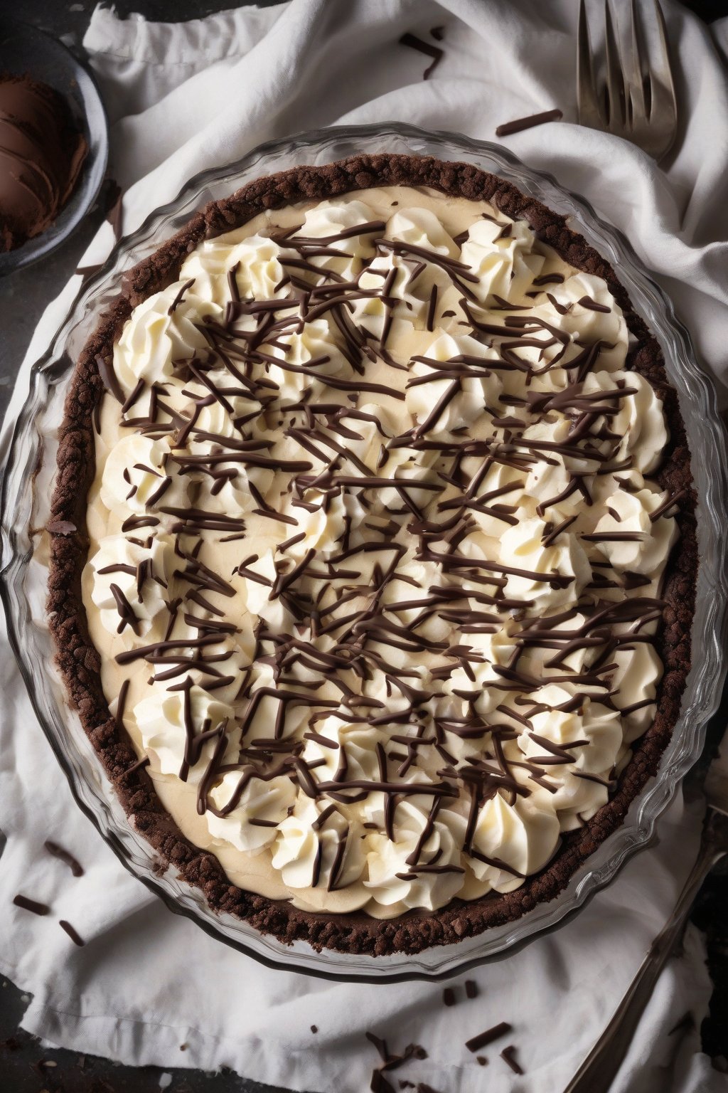A high-resolution photo of chocolate banana cream pie with fudgy crust and chocolate shavings on top, under soft lighting.