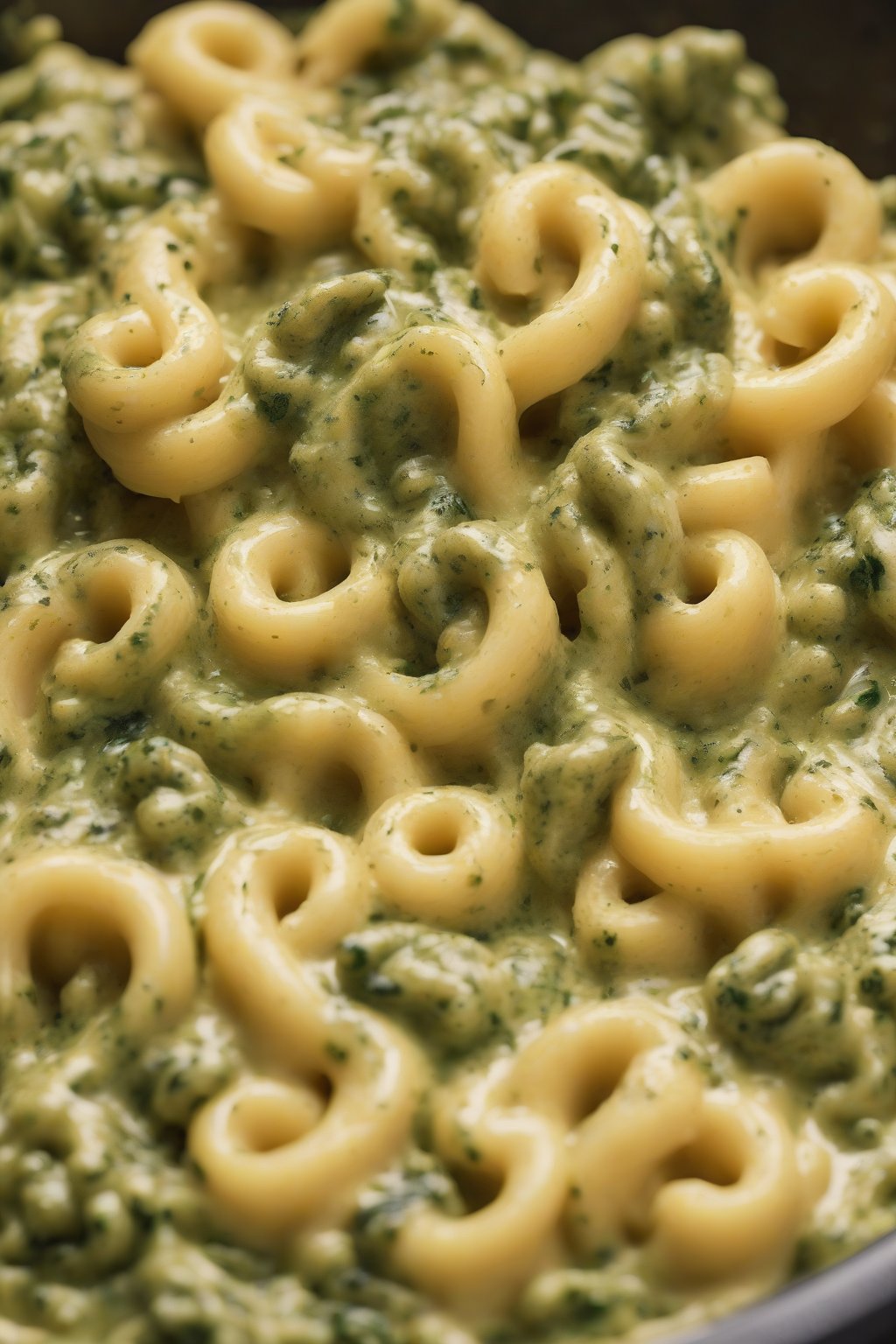 A close-up photo of pesto-swirled green-flecked mac and cheese under soft lighting.
