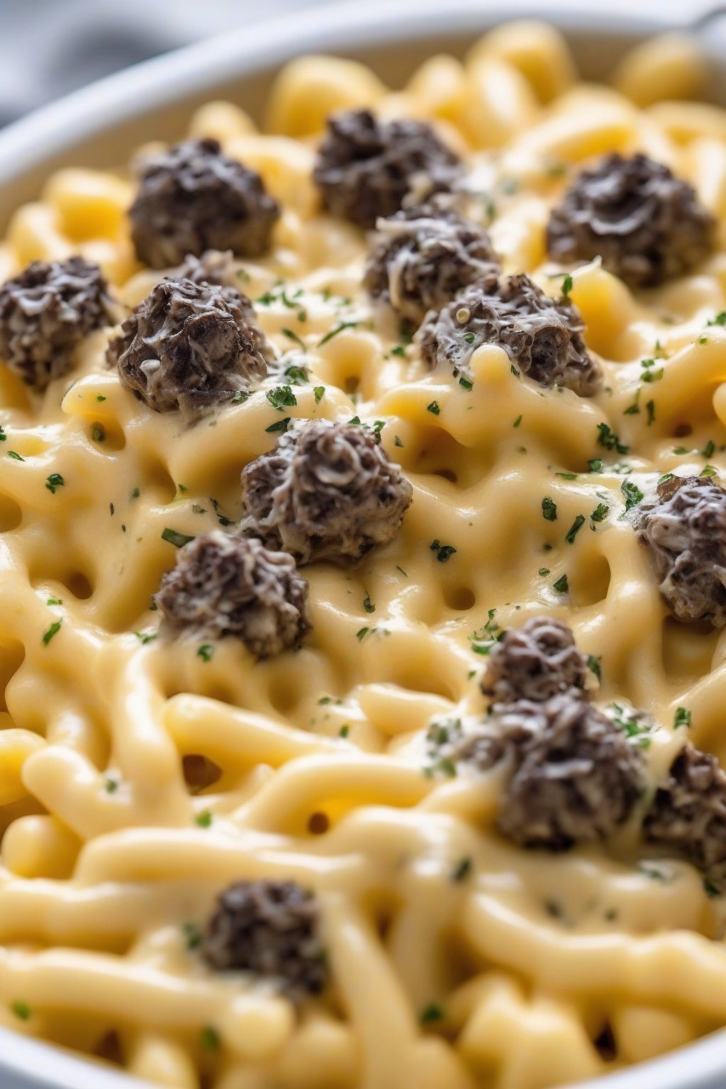 A close-up photo of elegantly drizzled truffle mac and cheese with shiny cheese under soft lighting.