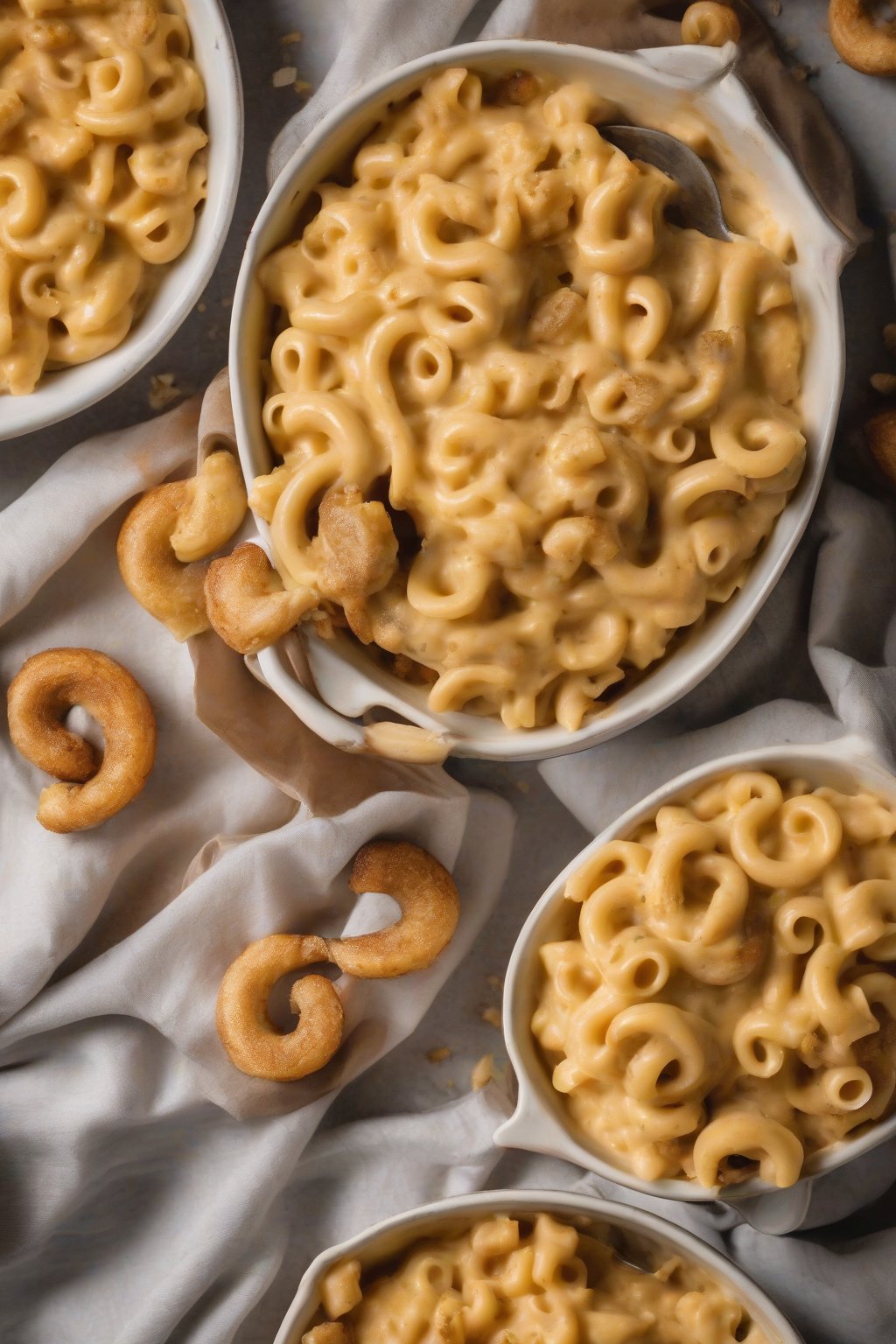 A close-up photo of creamy vegan cashew mac and cheese with pasta twirls under soft lighting.