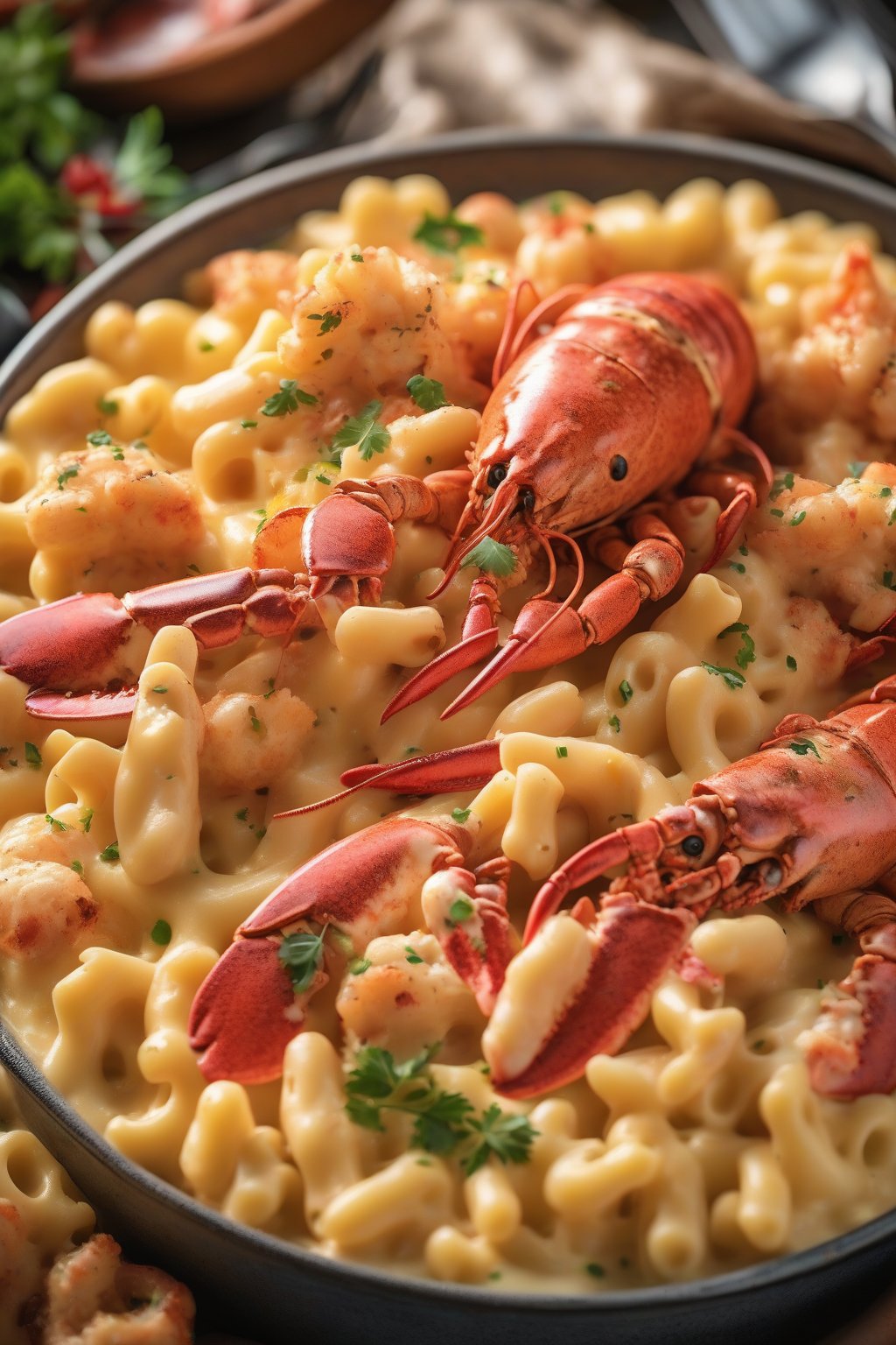 A close-up photo of chunky lobster mac and cheese with tender seafood bits under soft lighting.
