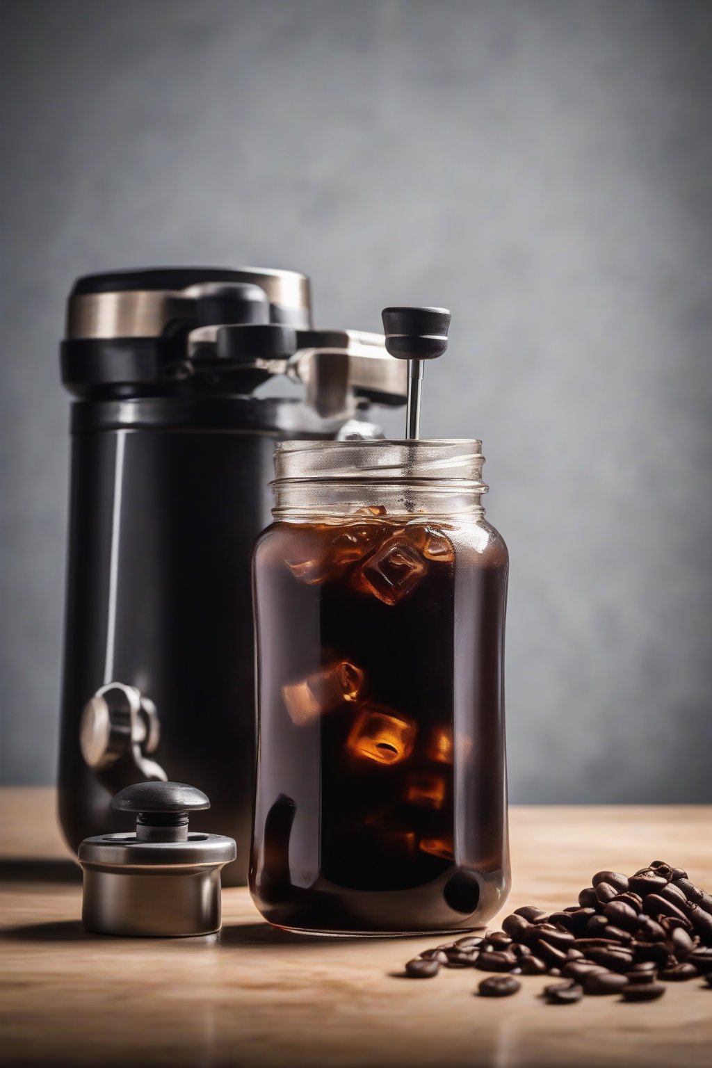 A high-resolution photo of a glass jar of dark classic strong cold brew concentrate with ice cubes and a coffee grinder in the background, under soft lighting.