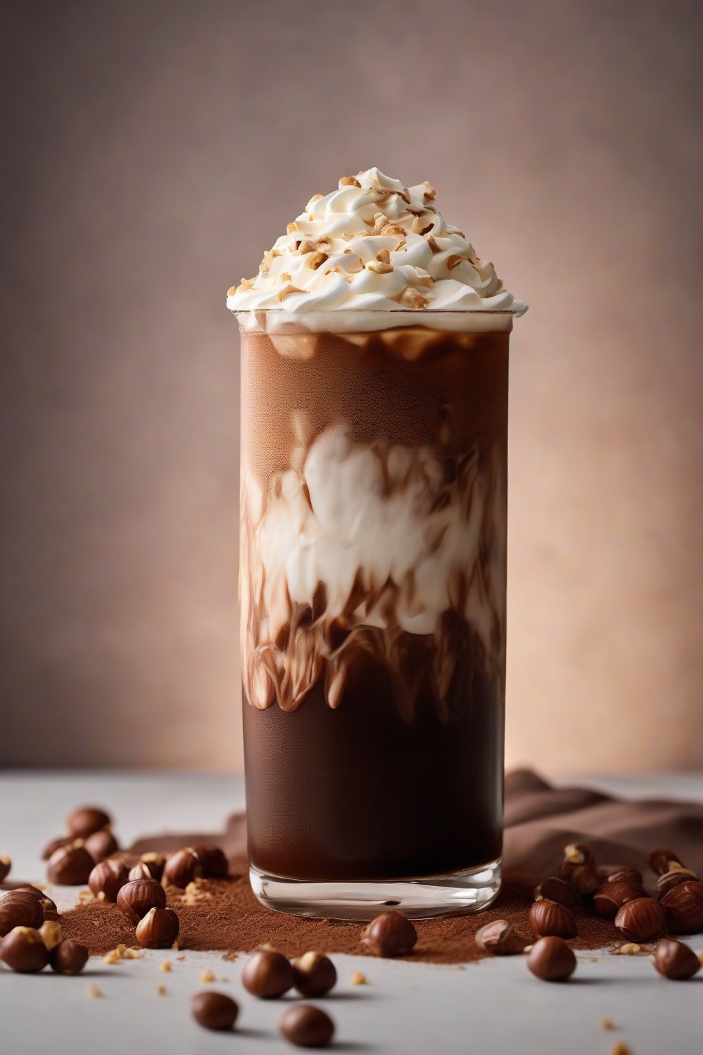 A high-resolution photo of chocolate hazelnut strong cold brew topped with whipped cream and hazelnut shavings, under soft lighting.