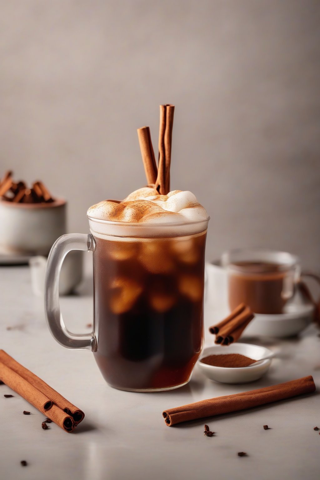 A high-resolution photo of cinnamon spice strong cold brew in a mug with cinnamon stick stirrer and froth, under soft lighting.