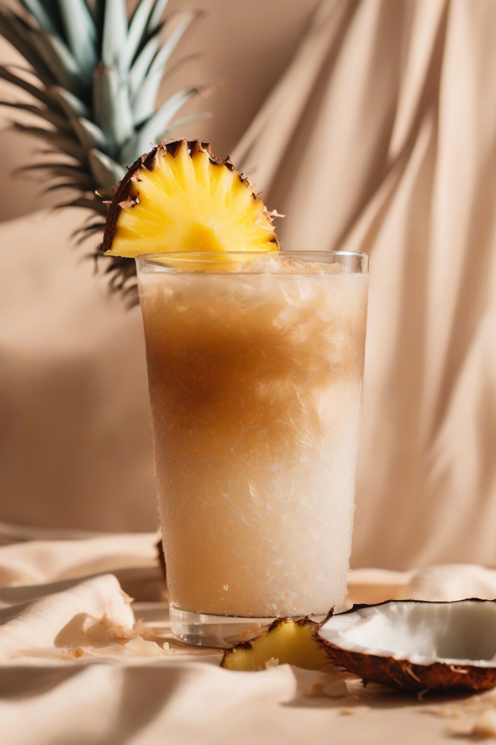 A high-resolution photo of coconut strong cold brew garnished with toasted coconut flakes and a pineapple slice, under soft lighting.