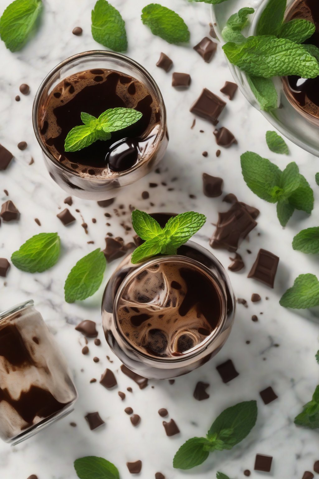 A high-resolution photo of mocha mint strong cold brew with fresh mint leaves and chocolate drizzle, under soft lighting.