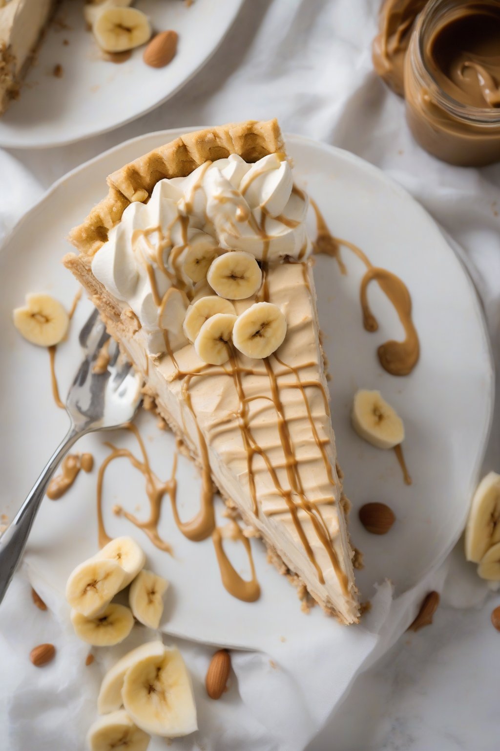 A high-resolution photo of peanut butter banana cream pie with drizzled PB and banana slices, under soft lighting.