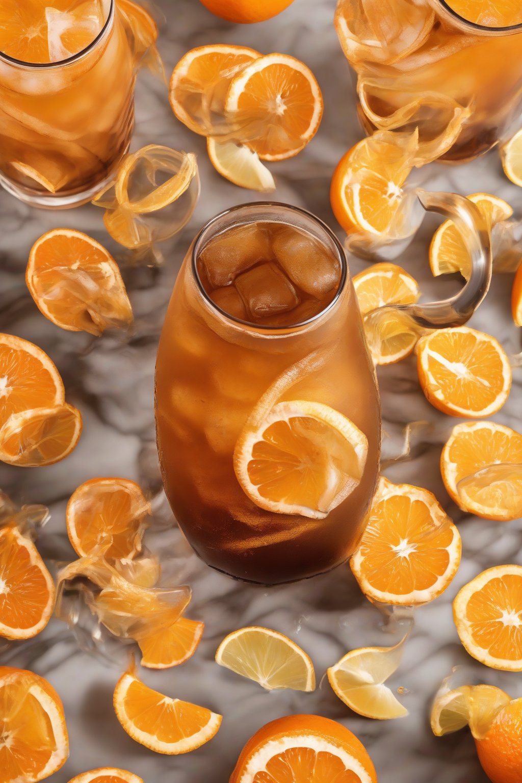 A high-resolution photo of orange zest strong cold brew in a glass with orange slices and zest curls, under soft lighting.