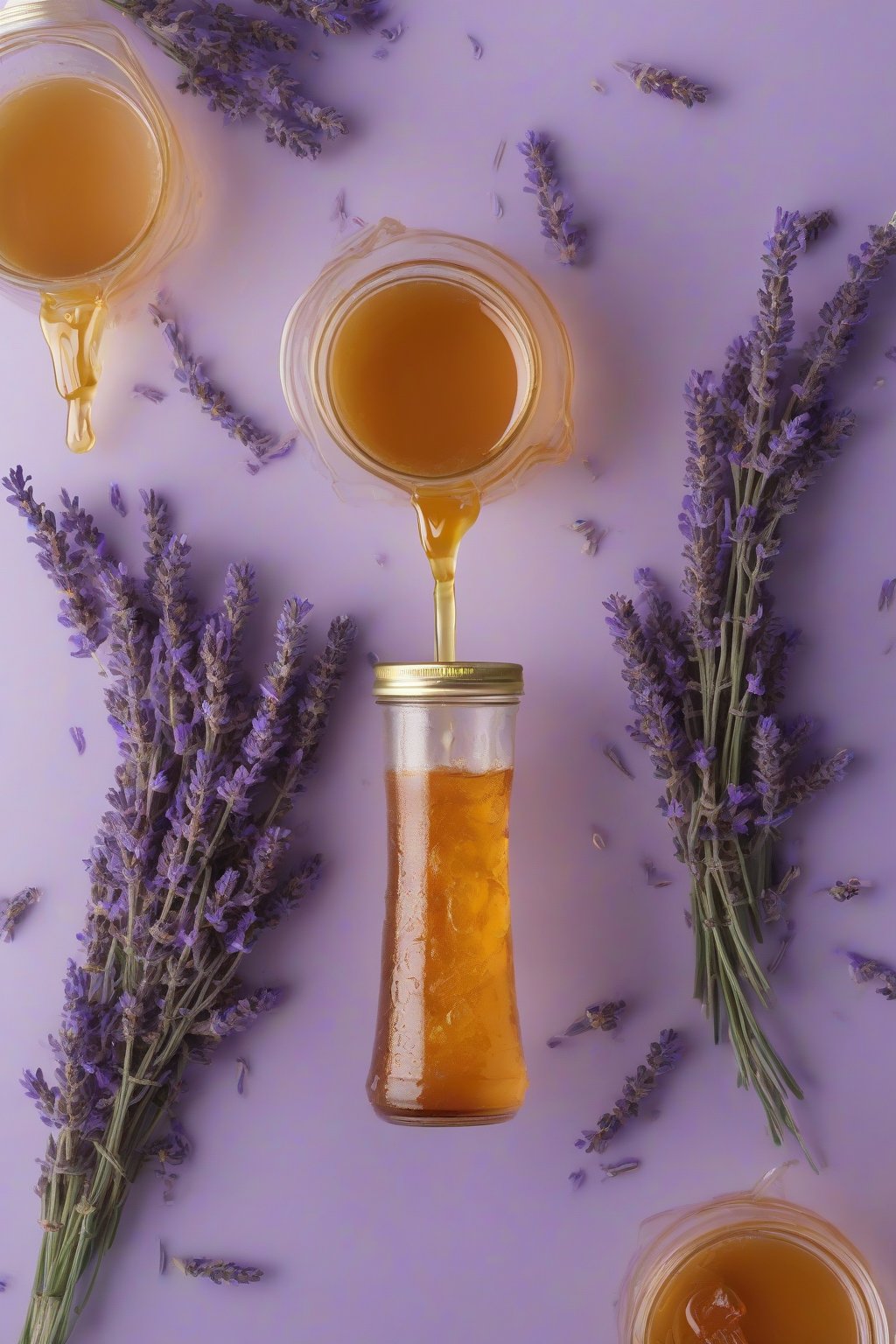 A high-resolution photo of lavender honey strong cold brew drizzled with honey and lavender sprigs, under soft lighting.