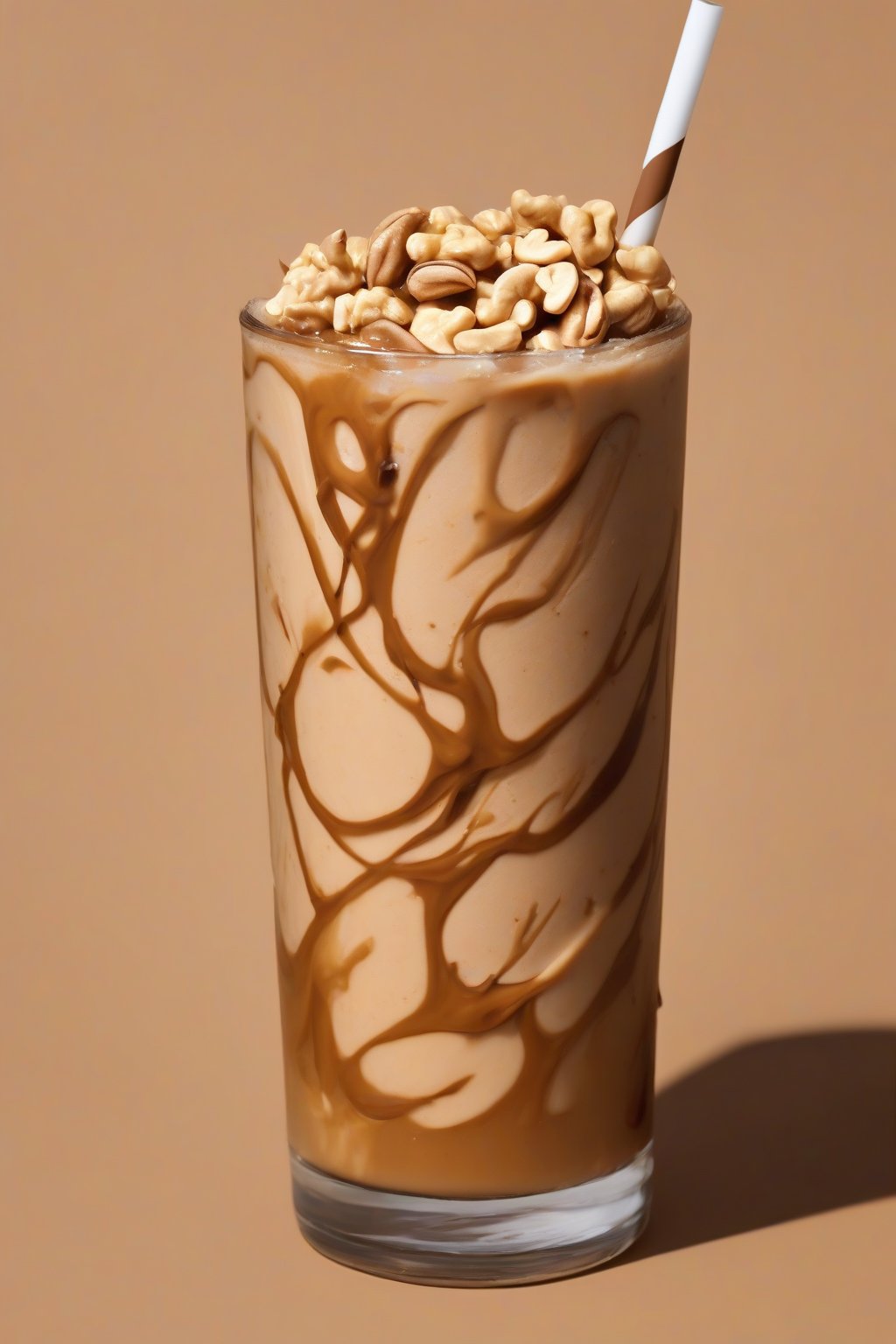 A high-resolution photo of peanut butter strong cold brew swirled with peanut butter and crushed peanuts on top, under soft lighting.