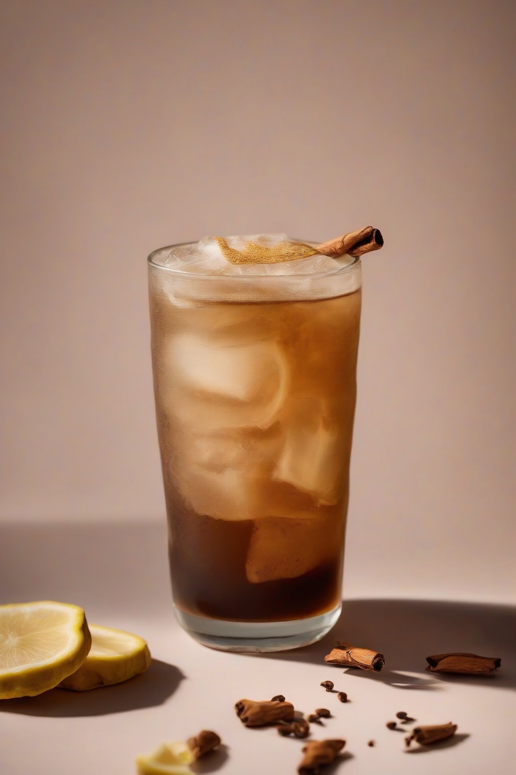 A high-resolution photo of cardamom ginger strong cold brew with ginger slices and spice dusting, under soft lighting.