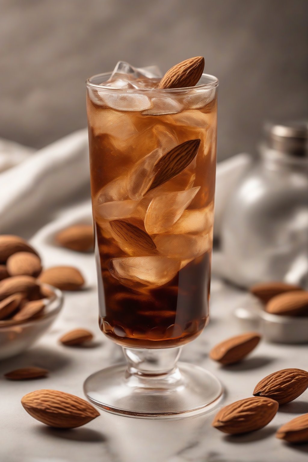 A high-resolution photo of almond amaretto strong cold brew in an elegant glass with almond slivers, under soft lighting.